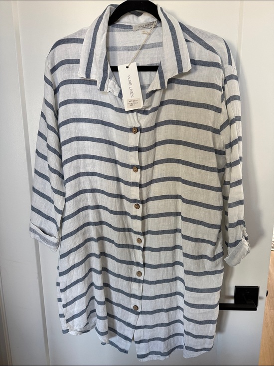 Viola Borghi Tops - Women's White & Blue 100% linen Striped Button Tunic